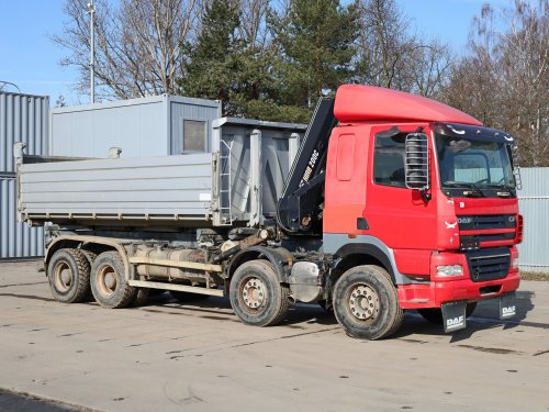 DAF CF 85.460, 32 TUN, 8x4, LANOVÝ NOSIČ KONTEJNERŮ, TŘÍSTRANNÉ SKLÁPĚNÍ, HYDRAULICKÁ RUKA HIAB (16 m)