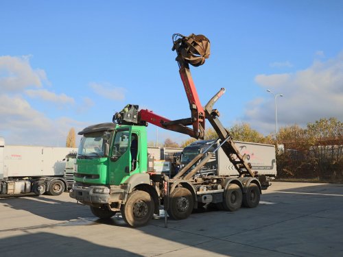 Renault KERAX 420 DCI, 8X4, HÁKOVÝ NOSIČ KONTEJNERŮ, HYDRAULICKÁ RUKA EPSILON (9,6 M, 3,48 T), DRAPÁK, TELESKOPICKÝ HÁK
